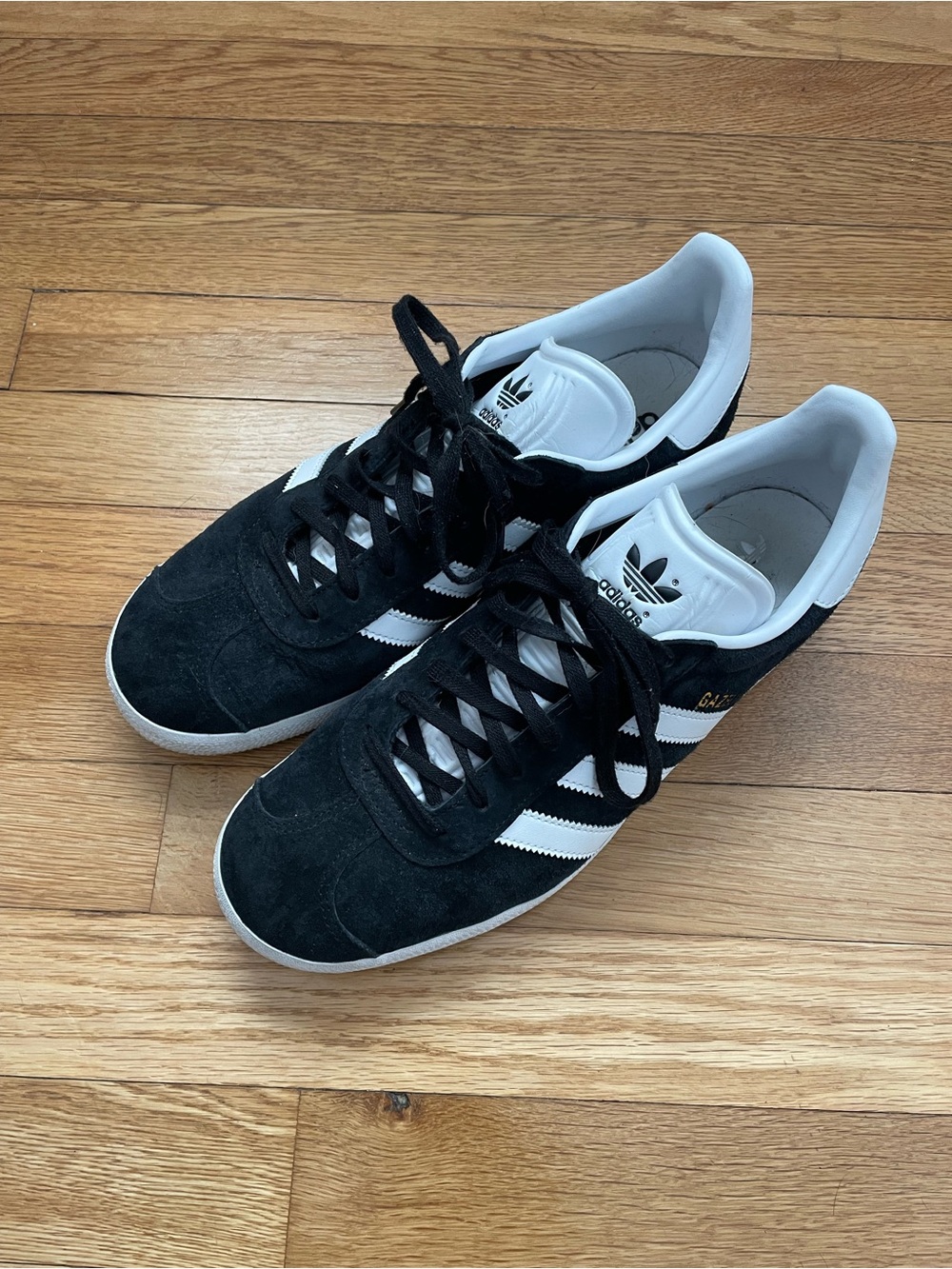 Adidas Men’s Black Gazelle Sneakers with White Stripes 8.5